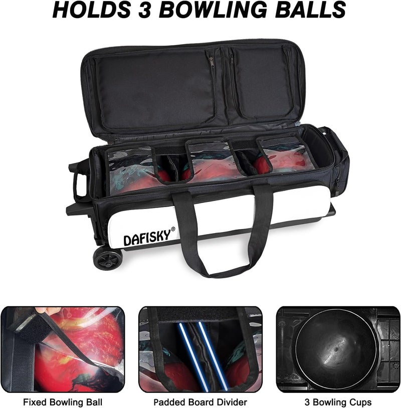 DAFISKY 3 ball bowling bags with wheels, bowling ball bag 3 ball roller with Multiple Pockets Retractable Handle - Image 4